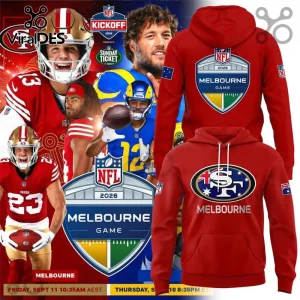 San Francisco 49ers 2026 Melbourne Game red hoodie featuring an NFL shield graphic and official team branding.