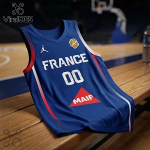 France Women's Basketball 2026 FIBA World Cup blue jersey with white text, number 00, and MAIF red triangle logo on bench.