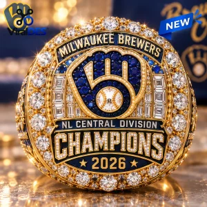 Close-up of a Milwaukee Brewers 2026 NL Central Division Champions ring with blue stones and gold detailing.
