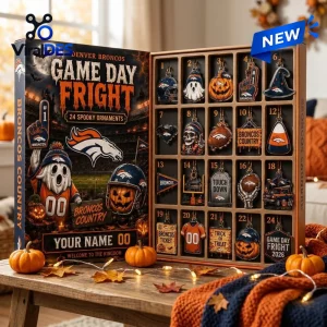 Open Denver Broncos Game Day Fright Halloween Advent Calendar displaying 24 spooky ornaments on a table with pumpkins.