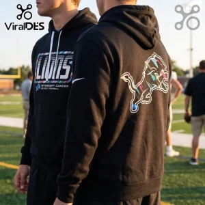 NFL Detroit Lions 2026 Crucial Catch Black Hoodie featuring a multicolor lion logo on the back and text on the chest.