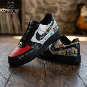 Pink Floyd Dark Side of the Moon Air Force 1 shoes featuring The Wall artwork, black leather, and iconic prism graphics.