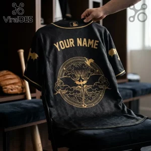 Texas Rangers Fourth Wing Collaboration Baseball Jersey with black fabric, gold dragon graphics, and customizable name.