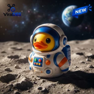 Close-up of a rubber duck wearing a white and blue astronaut suit standing on a cratered lunar surface with Earth in the background.