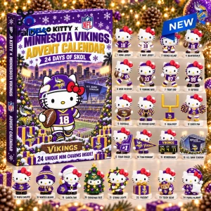 Front view of Hello Kitty x Minnesota Vikings Advent Calendar 2026 display showing 24 themed collectible figures.