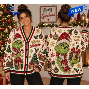 Front and back view of a beige holiday cardigan featuring a character with a present, snowflakes, and festive ornaments.