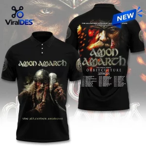 Amon Amarth The Allfather Awakens 2026 Tour Polo Shirt in black with viking graphics, band logo, and European tour dates.