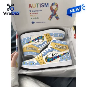 Peanuts Snoopy Autism Awareness Air Jordan 1 High Top shoes featuring puzzle piece swooshes and blue Snoopy patterns.
