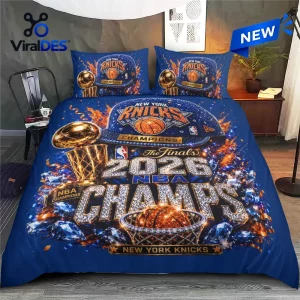 New York Knicks 2026 NBA Champions bedding set featuring basketball graphics, trophy icons, and blue and orange team colors.