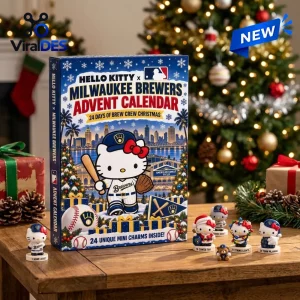 Front view of Hello Kitty x Milwaukee Brewers 2026 Advent Calendar box displayed with mini figurines on a table.
