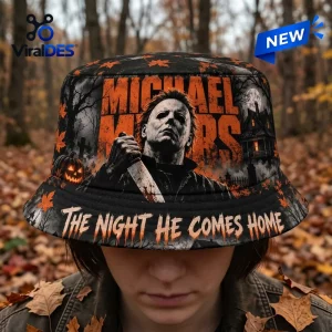 Front view of a Michael Myers bucket hat featuring a knife-wielding character graphic and autumn leaf motifs.