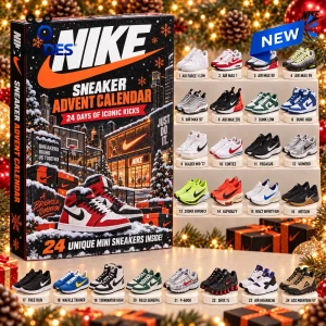 Front view of a Nike Advent Calendar 2026 box displaying 24 numbered mini sneaker models on a festive background.
