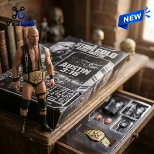 Front view of Stone Cold Steve Austin WWE action figure standing beside its packaging box.