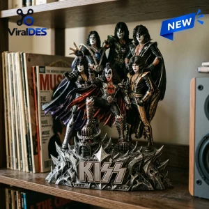 KISS Band Acrylic Plaque featuring detailed 3D band member figurines on a dark, rocky base with silver KISS logo lettering.