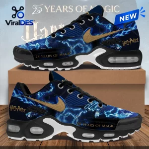 Harry Potter 25th Anniversary Blue Magic Air Max Shoes featuring lightning bolt patterns, gold swooshes, and black soles.