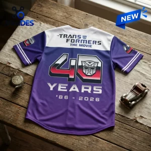 Back view of the Transformers 40th Anniversary Purple Baseball Jersey featuring a large 40 Years graphic.