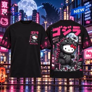 Front and back view of a black t-shirt featuring Hello Kitty in a Godzilla suit with Tokyo city graphics.