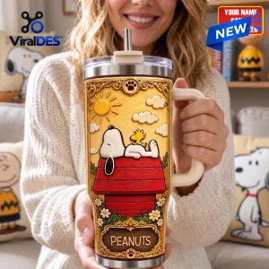 Custom Snoopy Peanuts Stanley Tumbler featuring Snoopy and Woodstock on a red doghouse with floral accents.