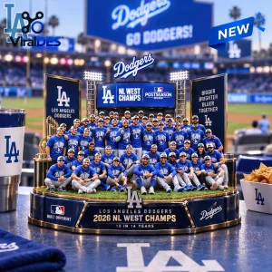 Front view of a Los Angeles Dodgers 2026 NL West Champions commemorative display set on a table.