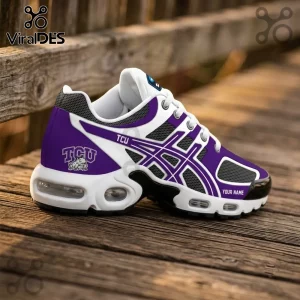 Texas Christian University Personalized Air Max Sneakers in purple and white with TCU logo and customizable name plate.
