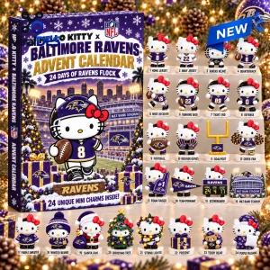 Front view of a Hello Kitty x Baltimore Ravens advent calendar with 24 numbered mini figures of the character.