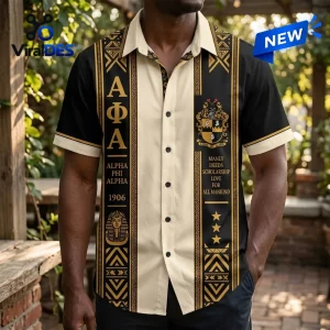 Front view of an Alpha Phi Alpha Fraternity Premium Hawaiian Shirt with black, cream, and gold graphic motifs.