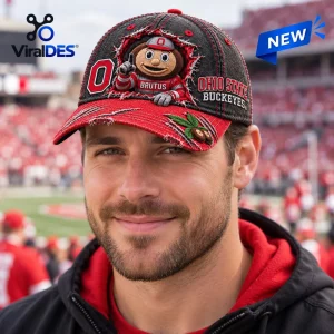 Ohio State Buckeyes Brutus Mascot Distressed Baseball Cap in red and black with frayed fabric details on a man.