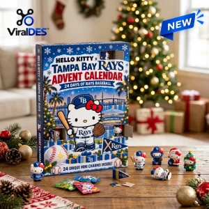 Front view of Hello Kitty x Tampa Bay Rays Advent Calendar 2026 with mini figurines on wooden table.