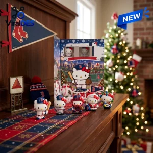Front view of Hello Kitty x Boston Red Sox advent calendar with several small character figurines on a decorated table.