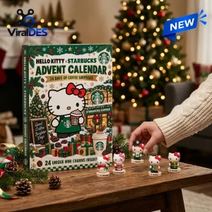 Hand placing a small figure next to a Hello Kitty x Starbucks Advent Calendar 2026 box with a festive holiday tree background.