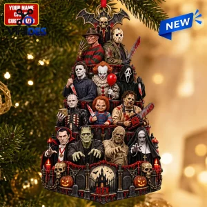 Horror Movie Halloween Acrylic Ornament 2026 featuring stacked icons like Freddy, Jason, Pennywise, and classic film monsters.