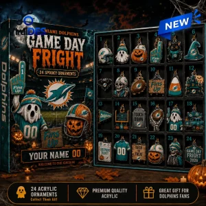 Open front view of the Miami Dolphins Game Day Fright Halloween Advent Calendar with twenty-four numbered ornament slots.