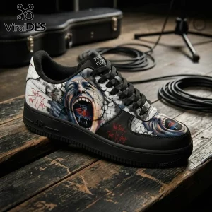 Pink Floyd The Wall Air Force 1 Sneakers featuring a screaming face graphic and brick wall imagery on a black leather base.