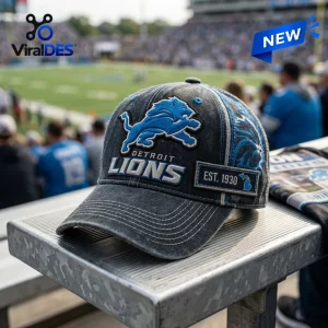 Front view of Detroit Lions NFL distressed baseball cap resting on a stadium bench.