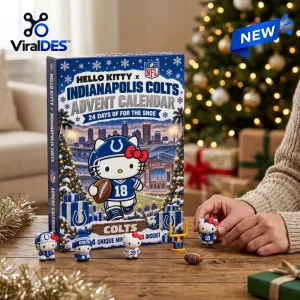 Front view of Hello Kitty x Indianapolis Colts advent calendar box with miniature football figurines on a wooden table.