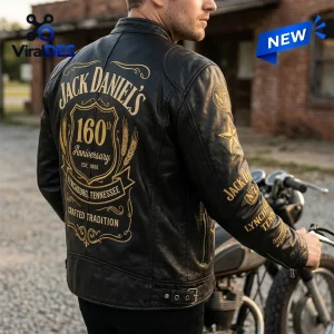 Jack Daniel's 160th Anniversary Black Leather Motorcycle Jacket featuring gold embroidered back logo and sleeve branding.