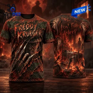 Freddy Krueger Fire Claw Shirt with front and back graphics featuring metallic claws, burning ruins, and melting clocks.