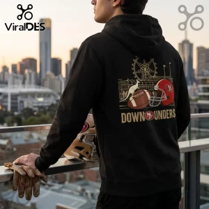 San Francisco 49ers Melbourne 2026 Australia Black Hoodie with back graphic of a kangaroo, football, and red helmet.