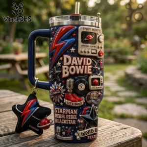 David Bowie Space Oddity 40oz Tumbler with Handle featuring embossed lightning bolts, musical icons, and a star keychain.