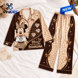 Front view of leopard print pajama set featuring a mouse character and personalized heart patches.