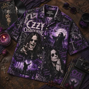 Ozzy Osbourne Purple Prince of Darkness Hawaiian shirt featuring portraits, gothic crosses, bats, and song title typography.