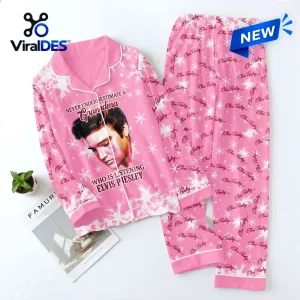 Elvis Presley Pink Satin Pajama Set featuring a portrait of Elvis, snowflake patterns, and text about a fan grandmother.
