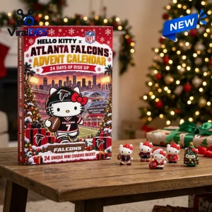 Front view of Hello Kitty x Atlanta Falcons advent calendar box with four small character figurines on a wooden table.