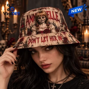 Close-up view of a person wearing the Annabelle Horror Movie Bucket Hat featuring blood-spattered horror motifs.