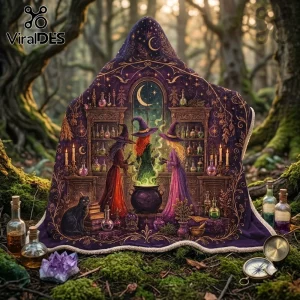 Witchcraft Illustration Sherpa Fleece Hooded Blanket featuring three witches brewing a potion in a purple forest setting.