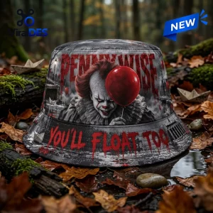 Front view of Pennywise You'll Float Too horror bucket hat featuring a character with a red balloon.