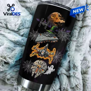 Front view of a Star Wars Halloween Pumpkin Tumbler Cup featuring spooky spacecraft and pumpkin graphics.