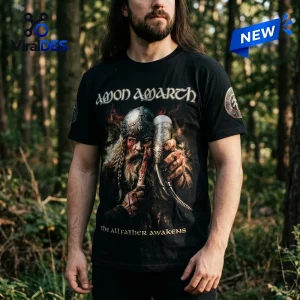 Amon Amarth Allfather Awakens 2026 Concert Tour shirt featuring a Viking warrior holding a drinking horn on black cotton.