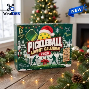 Front view of Pickleball Advent Calendar 2026 box with holiday graphics on a wooden table.