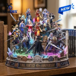 Final Fantasy 40th Anniversary Acrylic Plaque featuring multiple characters on a glowing pedestal with blue and purple crystals.